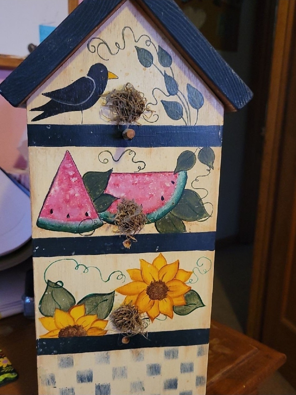 Hand-Painted Birdhouse Papertowel Holder with Watermelon & Sunflower Motif